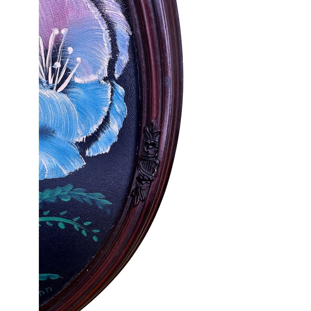 Vintage Signed Jo Ann Floral Oil Painting Oval Framed Blue Purple Whimsigoth - Picture 3 of 9